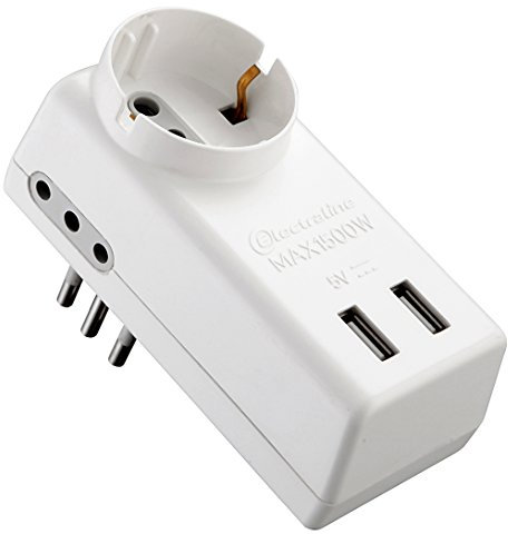 Electraline 71039 Adattatore Multipresa USB, 1 Presa Universale, 2 Prese Bivalenti, Spina 10A 230V, Bianco
