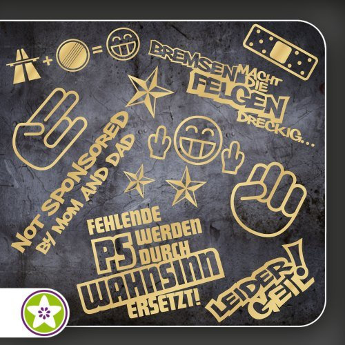 Kiwistar Sticker Bomb Set 1 Gold - Bogen: A4 Bremsen…Felgen…, Shockerhand, Autobahnfreak, Fehlende PS…, Leider Geil. Auswahl Sammlung Aufkleber Scheibe Tuning Decal