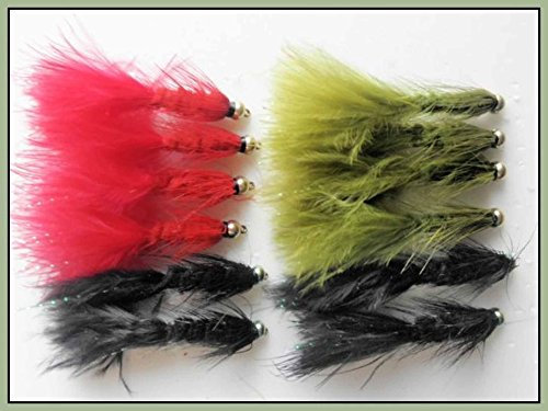 Troutflies UK Goldhead Flies 12er Pack Wooly Bugger Fliegen, Schwarz Olive & Rot, Größe 8 & 10, Stahl, Nadelspitze, Forellenköder