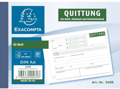 Exacompta 269B Quittungsblock DIN A6 mit 50 Blatt selbstdurchschreibend durchnummerierte Blätter