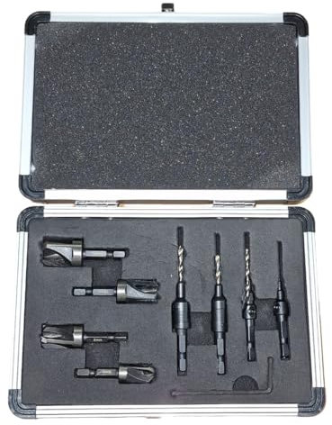 PTI Matching Plug Cutter and Countersink 8 Piece Set 6,8,10,12mm Aluminium Case, Drill Bits for Wood working, wood cutter, hinge, dowel, carpentry, DIY