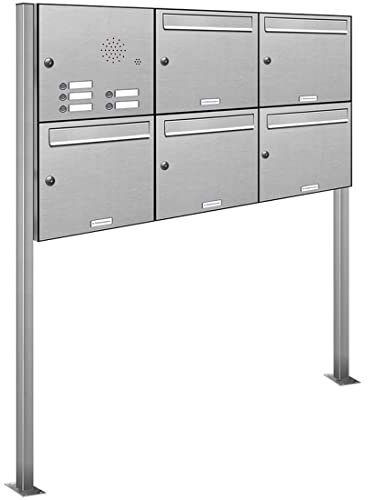 AL Briefkastensysteme 5er V2A Edelstahl Standbriefkasten mit Klingel rostfrei als 5 Fach Briefkastenanlage in Postkasten Briefkasten Design modern