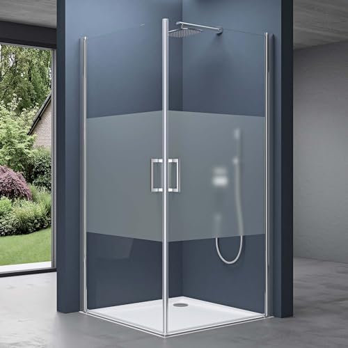 doporro Eck-Duschkabine Eckdusche 85x85x195cm Duschabtrennung ESG-Sicherheitsglas Milchglas Streifen inkl. beidseitiger Easy-Clean-Beschichtung Hebe- und Senkmechanismus Ravenna24MS