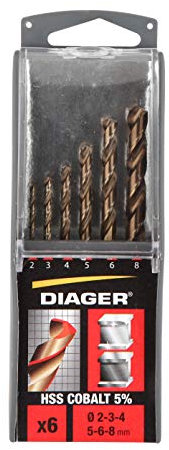 DIAGER - Forets HSS 5% Cobalt - Tube de 6 forets - Résistance et durée de vie améliorées - diamètre 2-3-4-5-6-8mm