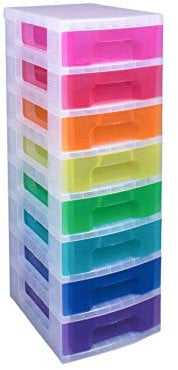 Really Useful Box Plastic Storage Storage Tower 8x7 Litre Clear Frame with Rainbow Drawers