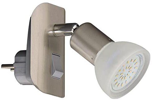 Trango 11-042 LED Steckerleuchte im Edelstahl-Look mit Glas-Lampenschirm, Stecker-Nachtlicht inkl. 1x 5 Watt GU10 LED Leuchtmittel 3000K warmweiß & Ein-/Aus-Schalter Leselampe, Küchenlampe