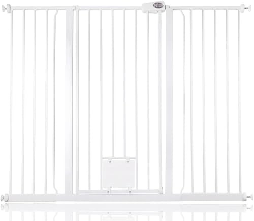 Bettacare Pet Gate with Lockable Cat Flap, 133.2cm - 140.8cm, White, 104cm in Height, Extra Tall Dog Safety Barrier with Cat Flap, Easy Installation