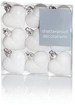Toyland 1 Pack Of 9 40mm Multi-Finish White Heart Shaped Baubles - Christmas Tree Decorations