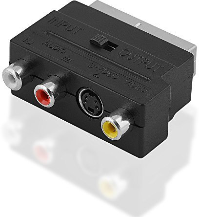 BestPlug Audio Video Adapter mit Schalter, 1 Scart-Stecker auf 3 Cinch-Buchse 1 S-VHS Buchse, Schwarz