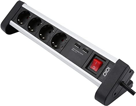 Olympia IOIO 4-fach Steckdosenleiste (aus Alu mit Schalter, USB-Anschluss, Kindersicherung, Anschraubbar, Schuko-Mehrfachsteckdose zum Anschrauben, Desktop Vierersteckdose mit USB)