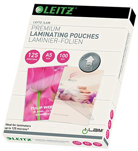 Leitz Heißlaminierfolien A5 125 mic, Laminierfolien in Premium-Qualität im 100er Pack, Glänzend, Transparent, Vereinfachtes Einlegen durch UDT, iLAM, 74930000