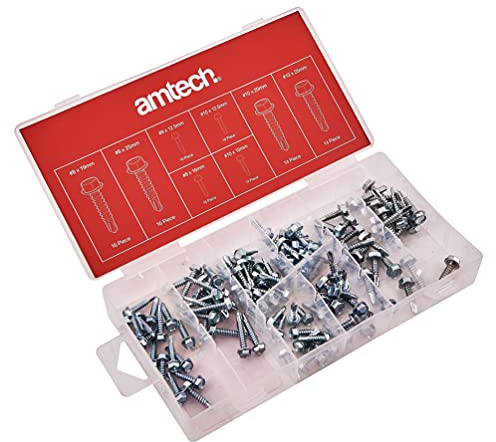 Amtech S6295 Self Drilling Screws, Carbon Steel Tek Screws Available With Storage Case,120-Piece