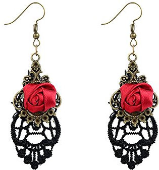 YAZILIND Retro Style Lace Baumeln Rote Rose Blume Ohrring Halskette Stilvolle Schmuck Für Frauen Geschenkidee (Ohrring)
