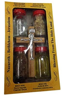 Bethlehem Gifts TM Olivenholz Kreuz Set mit 4 Flaschen – Salbung Öl, Jordan River Wasser, Heiligen Erde und Räucherstäbchen