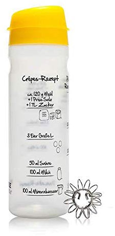 CRÊPES- & PFANNKUCHENTEIG einfacher im SHAKER machen. 3 Rezeptaufdrucke mit Füllstrichen. Effektives Mixteil aus Edelstahl. PATENTIERTer Ausgießer für sauberes Portionieren. Farbe GELB