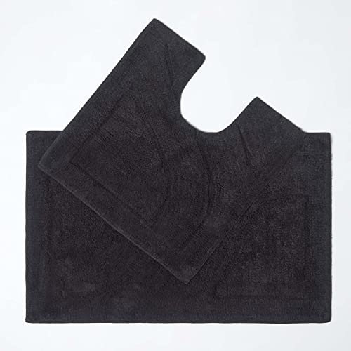 HOMESCAPES 2-teiliges Badvorleger Set Badteppich 50 x 80 cm und WC Vorleger 50 x 55 cm schwarz, Badematten Set aus 100% Baumwolle in Hotel Qualität