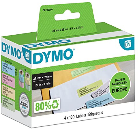 DYMO Original LabelWriter Adressetiketten | 28 mm x 89 mm | Farbetiketten in gelb/pink/blau/grün | 4 Rollen mit je 130 Etiketten (520 Etiketten) | selbstklebend | für LabelWriter Etikettendrucker