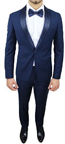 Abito Completo Uomo Sartoriale Raso Slim Fit Vestito Smoking Aderente Elegante Cerimonia (52, Blu)