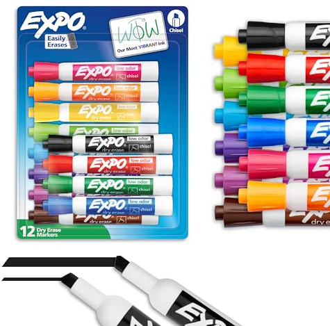 EXPO Dry Erase Markers, Low Odor Ink, Assorted Colors, Chisel Tip, 12 Count