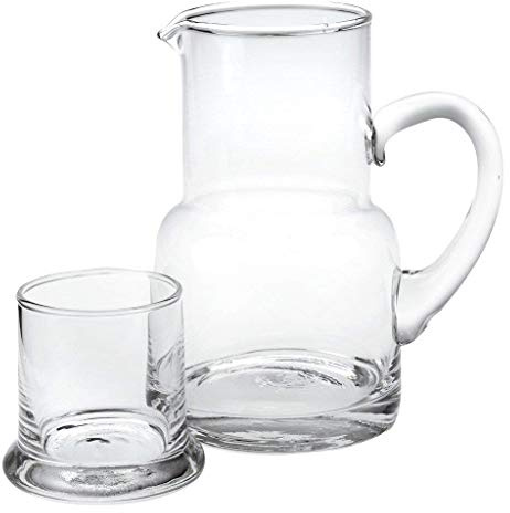 Badash Long Island Crystal Pitcher Set - 2-Piece 24 oz. Mouth-Blown Lead-Free Crystal Glass Carafe with 6 oz. Glass Set - Perfect Bedside or Desktop Water Pitcher