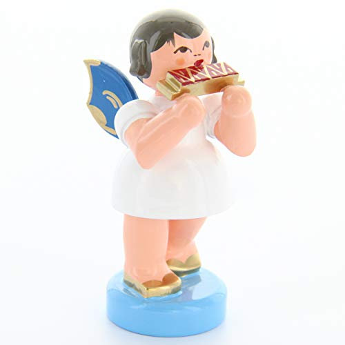 Engel mit Mundharmonika - Blaue Flügel - stehend - 6cm / Weihnachtsengel - Original Erzgebirge Engel -Kunstgewerbe Uhlig