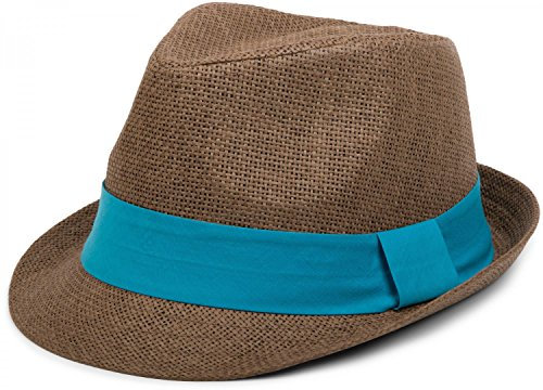 styleBREAKER Trilby Hut, Leichter Papierhut mit kontrastfarbigem Zierband, Unisex 04025002, Farbe:Braun/Türkis, Größe:L/XL = 58 cm