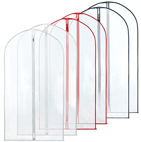 Hangerworld 6 Wasserabweisende/duschfeste Kleidersäcke/Kleiderschutzhüllen/Cover durchsichtig/transparent mit Buntem Saum (Blau, Rot, Weiß) - 101 cm x 61 cm, ideal für Oberteile, Röcke, Kleider, Jacken und Mäntel