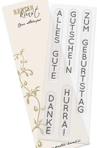 Karten-Kunst Clear Stamps KK-0014 Stempel Vertikale Worte I Alles Gute, Gutschein, Zum Geburtstag, Danke, Hurra! Silikonstempel
