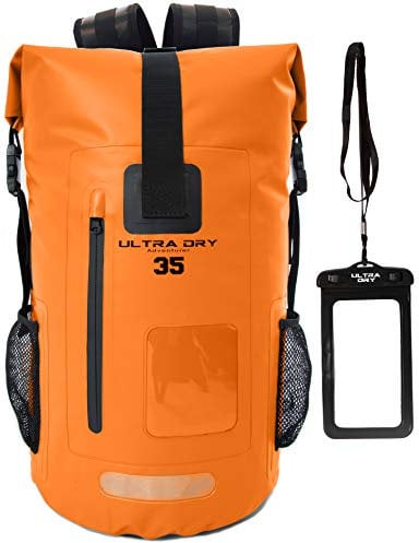 Premium-Rucksack, wasserdicht, 35 Liter, mit wasserdichtem Handybeutel, perfekt für Boot-/Kajak-/Kanufahren, Angeln, Rafting, Schwimmen, Camping, Snowboarden., Orange, 35 L