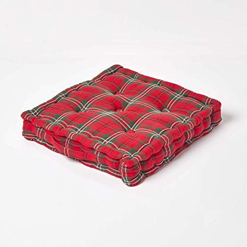 HOMESCAPES - Edward Tartan - 100% Cotton - Large Floor Cushion - Red Green - 50 x 50 x 10 cm Square - Indoor - Garden - Dining Chair Booster - Seat Pad Cushion