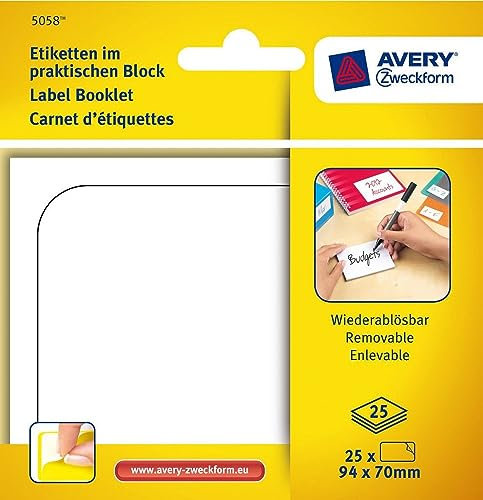 Avery Zweckform 5058 Universal-Etiketten, zur Handbeschriftung, 94 x 70 mm, 25 Blatt/25 Etiketten, weiß
