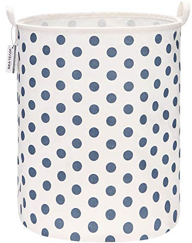 Sea Team 19,7 Zoll große Größe wasserdichte Beschichtung Ramie Cotton Fabric Folding Wäschekorb Eimer Zylindrischer Sackleinen Leinwand Aufbewahrungskorb mit stilvollem Blue Dot Design
