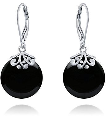 Western Stil Filigran Hebel Zurück Edelsteine Schwarz Onyx Flach Rund Kreis Disc Baumelnd Drops Ohrringe Für Frauen .925 Sterling Silber