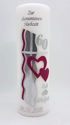 Hochzeitskerze mit Namen & Datum Diamantene Hochzeit 60 in verschiedenen Farben DH-12 HANDARBEIT Kerzenständer/Geschenkverpackung optional