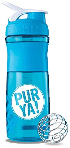 PURYA! SHAKER, Fitness-Trinkflasche für Protein-Shakes und Sport-Drinks, optimales Mischen dank Blender-Ball, BPA-frei und bruchsicher, Aqua, 828ml