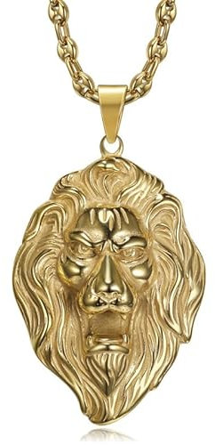 BOBIJOO JEWELRY - Ensemble Gros Médaillon Pendentif Collier Tête de Lion et Chaîne Grain de café Acier Inoxydable Or