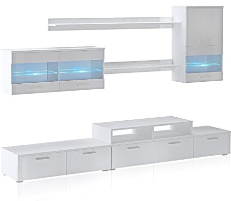 SelectionHome Mueble Salón, Comedor Moderno con Led, Acabado en Blanco Mate y Blanco Brillo Lacado, Medidas: 250 cm (Ancho) x 194 cm (Alto) x 42 cm (Fondo)