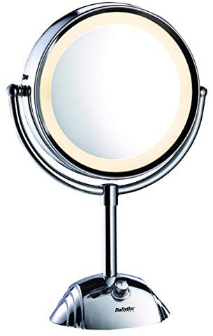 BaByliss 8438E LED Makeup Spiegel, beleuchtet, doppelseitig, 8-fach Vergrößerung, 3 Lichteinstellungen, Batteriebetrieb