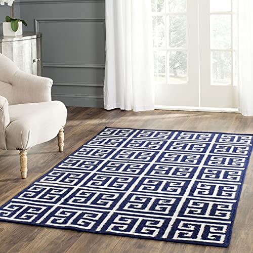 SAFAVIEH Dhurries Collection Accent Rug - 4' x 6', Navy & Ivory, Handmade Flat Weave Wool & Banana Silk, Ideal for High Traffic Areas in Entryway, Living Room, Bedroom (DHU626D)