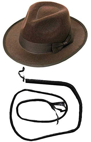 Ilovefancydress Explorer-Set, 1 X Brauner Fedora-Hut, Filz, 1 X Leder-Bullen-Peitsche Zubehör-Set Archäologe Kostüm-Set