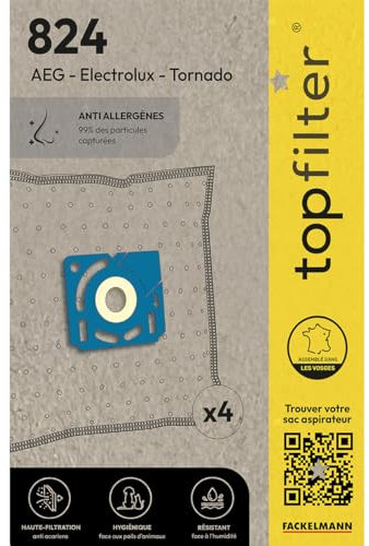 TopFilter 824 - 4sacs aspirateur pour Electrolux, AEG et Tornado boîte de sacs d'aspiration en non-tissé, 4 sacs à poussière (30 x 26 x 0,1 cm), Blanc