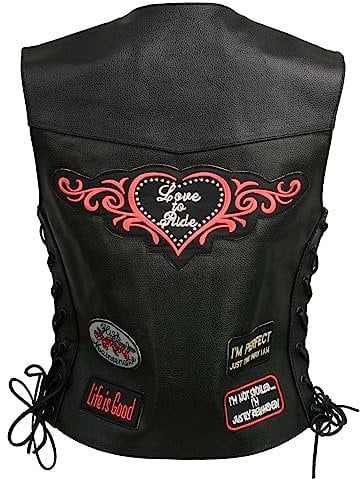 EVENT LEATHER ELL4900 Damen-Lederweste 'Love to Ride'. Motorrad-Patches, gestickt, mit seitlicher Schnürung, Schwarz, Größe XS