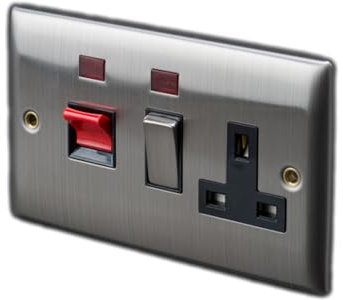 Dencon Brushed Stainless Steel / Satin Chrome 45 Amp Cooker Switch With Socket Rounded Edge and Black Insert And Neon