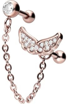 PIERCINGLINE Chirurgenstahl Ohrpiercing KRISTALL + KETTE + FLÜGEL Piercing Schmuck Ohr Stecker Helix Roségoldfarben