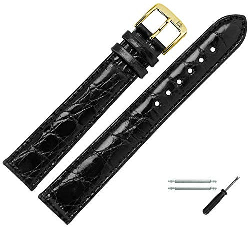 MARBURGER Uhrenarmband 20mm Leder Schwarz Gold XL Kroko Prägung Mit Naht - Montage Set 8312010000220