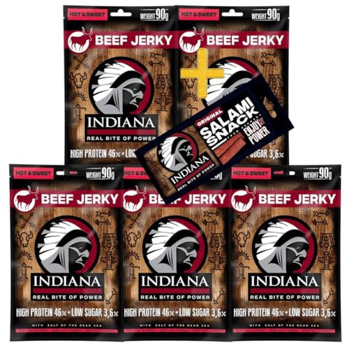 Indiana Beef Jerky Hot&Sweet, Geschenkbox High Protein Trockenfleisch, ohne Zuckerzusatz, Gluten-frei, Sea Salted (5 x 90g) + Salami Snack 18g