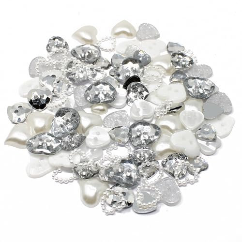 Wedding Touches 100 Mix Sparkly Silver & White Resin Heart Flatbacks Craft Cardmaking Embellishments