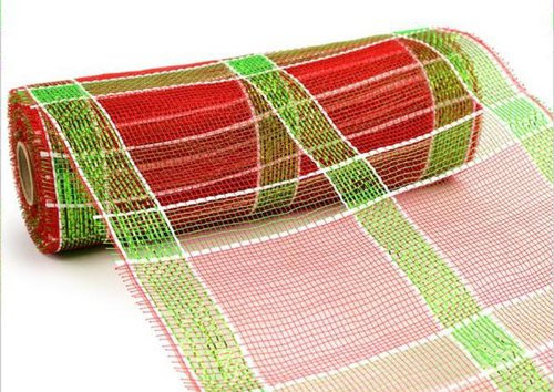 Dekoband, 25,4 cm x 9,1 m, Poly-Mesh-Band, rot, weiß und grün, kariert, RE1313A7