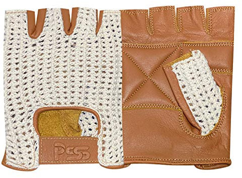 Prime Fingerlose Handschuhe Leder Mesh Herren Damen Fahren Mode, Camel & Weiß, Größe L