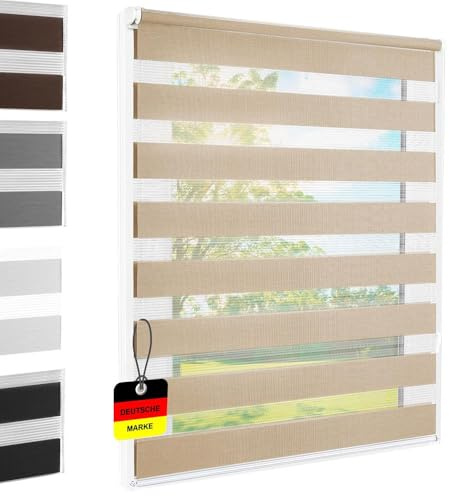 Doppelrollo Klemmfix ohne Bohren Sand 70x220 cm [Stoffbreite 66cm] | Duo Rollo Fensterrollo für Fenster/Türen Gardine Klemmrollo Seitenzugrollo Sichtschutz Sonnenschutzrollo Zebrarollo